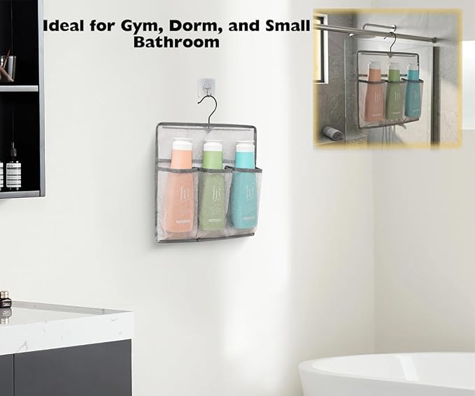 ALYER Mesh Shower Organizer, Shower Caddy with Rotating Detachable Metal Hanger, Quick Dry Bathroom Storage for Toiletry Accessories, Portable Shower Bag for RV, Dorm, Gym and Travel, Gray