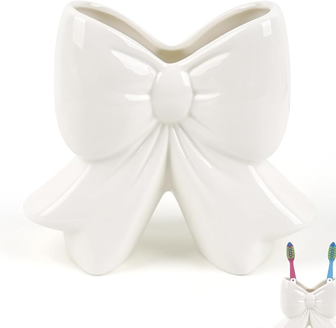 Cute Toothbrush Holder, Ceramic Bow Toothbrush Holder, with Drain Hole Bathroom Countertop Accessories, for Bathroom Canister Storage Organization, Vanity Makeup Organizer (White)