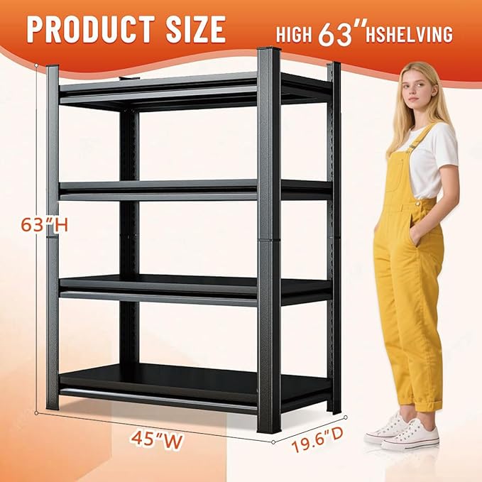 4-Tier Kitchen Shelf Organizer, Metal Pantry Shelves, Adjustable Storage Rack, Heavy Duty Metal Shelves for Pots, Pans, Bottles & Pantry Goods, Space-Saving, Black (63" H x 45" W x 19.6" D)