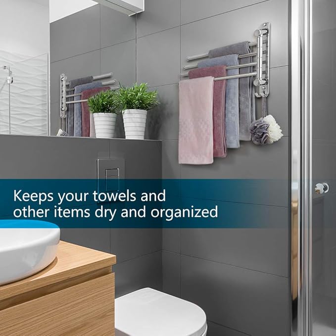 Bathroom Towel Rack JSVER 4 Arms Swivel Towel Holder, Towel Bar Wall Mounted, SUS304 Stainless Steel Space Saving Towel Rack, Towel Racks for Bathroom, Kitchen