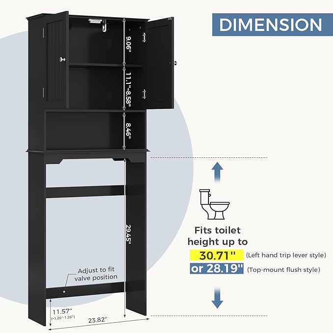 DUMOS Over the Toilet Storage Cabinet, Bathroom Storage Cabinet Over Toilet with Double Doors and Adjustable Shelf, Freestanding Toilet Rack for Bathroom, Black