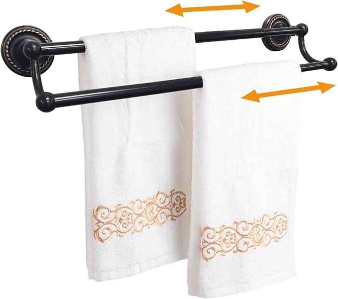 Double Towel Bar, Antique Brass Towel Racks for Bathroom Wall Mount, Adjustable Vintage Black Towel Bar 13.4"-24.8" Usable Bar Length, Heavy Duty Rustproof Bathroom Towel Rod Holder for Kitchen