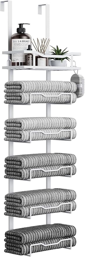 Aetyord Hanging Towel Racks for Bathroom No Drill - Over The Door 6-Tier Bath Towel Storage Organizer for Small Bathrooms - Back Door Large Tiered Towel Holder Hanger for Rolled Towels RV Camper White