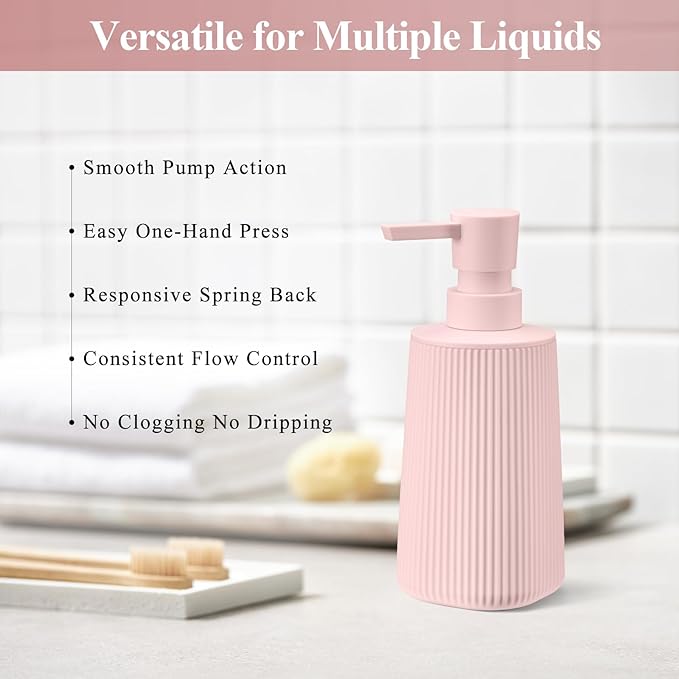 Pink 2 Pack Hand Soap Dispensers Set with No Rust Pump for Bathroom Kitchen or Vanity Countertops Refillable Striped Matte Plastic 8.5 oz Cute Design for Girls Room Decor