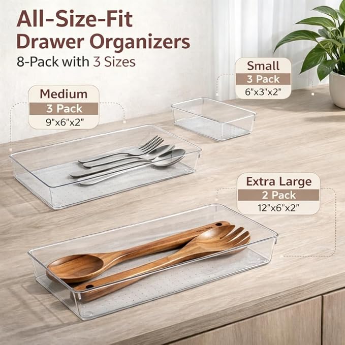 8 Pack Clear Drawer Organizer Bins, Plastic Storage Trays for Makeup, Kitchen, Bathroom, Desk, Stackable Drawer Dividers for Cosmetics, Office Supplies, Vanity Organizer
