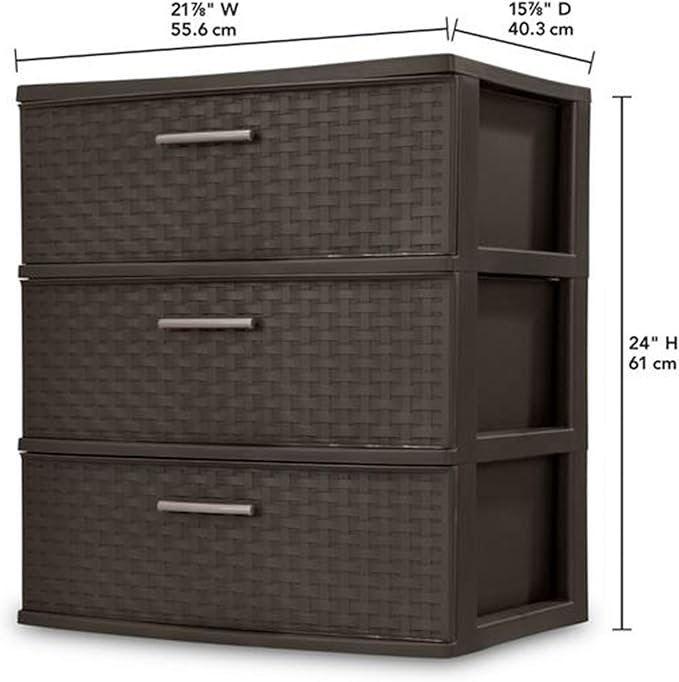 Sterilite Wide 3 Drawer Weave Tower Home Plastic Organizer with Handles, Espresso - Tall Vertical Storage Unit for Bedroom, Closet, Bathroom, Dorm Room, and Office Organization