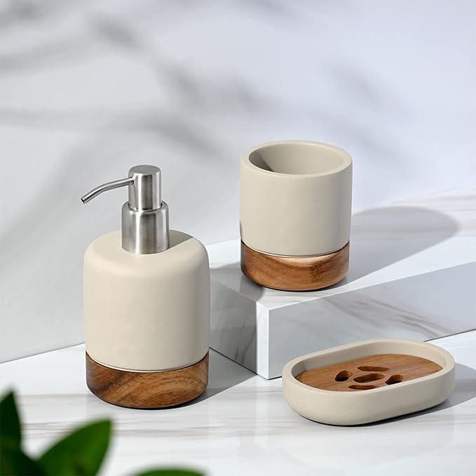 Bathroom Accessories Set 3 Piece Bath Ensemble Includes Soap Dispenser, Tumbler, Dish for Decorative Countertop & Housewarming Gift (Concrete with Acacia Wood)