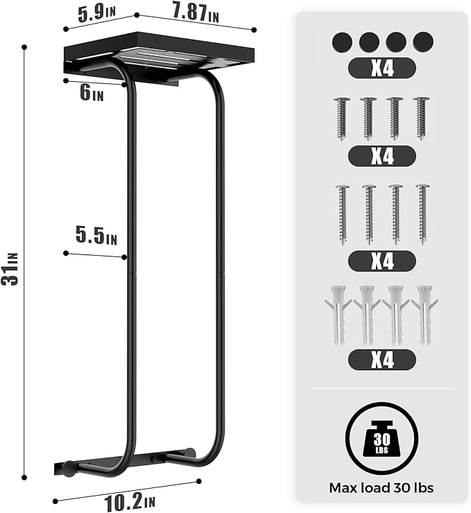 31" Towel Racks for Bathroom, Heavy-Duty Stainless Steel Holds 6 Large Rolled Towels,Wall Mounted Towel Holder with Shelf & Hooks,Extra-Wide Opening Wall Storage for Small Bathroom, Matte Black