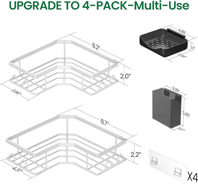 Adhesive Shower Caddy, 4 Pack Corner Bath Organizer, Rustproof Stainless Steel Shower Shelves with Large Capacity, No Drilling Shelves for Bathroom Storage, Home, Kitchen Décor (White).