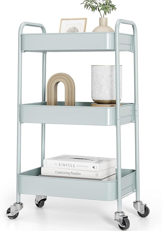 TOOLF 3-Tier Rolling Cart - Metal Utility Storage Organizer with Lockable Wheels, 33 lbs Per Shelf, Tool-Free 5-Min Assembly, for Kitchen Bathroom Office Nursery Craft Room, Green