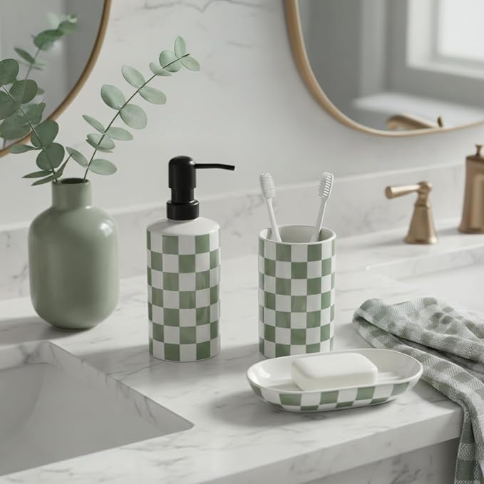 Tooth Brush Holder for Bathroom, Green Toothbrush Holders for Bathrooms, Modern Cute Ceramic Toothbrush Caddy, Toothbrushes and Toothpaste Cup for Bath Room Countertop Storage,Sage Green Decor