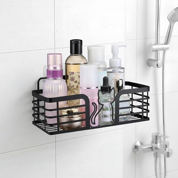 2 Pack Shower Caddy with Cat Black Metal Adhesive Shower Shelves Organizer Decorative Wall Mounted No Drilling Storage Shelf for Bathroom, Kitchen, Bedroom, Cats Lover Gifts