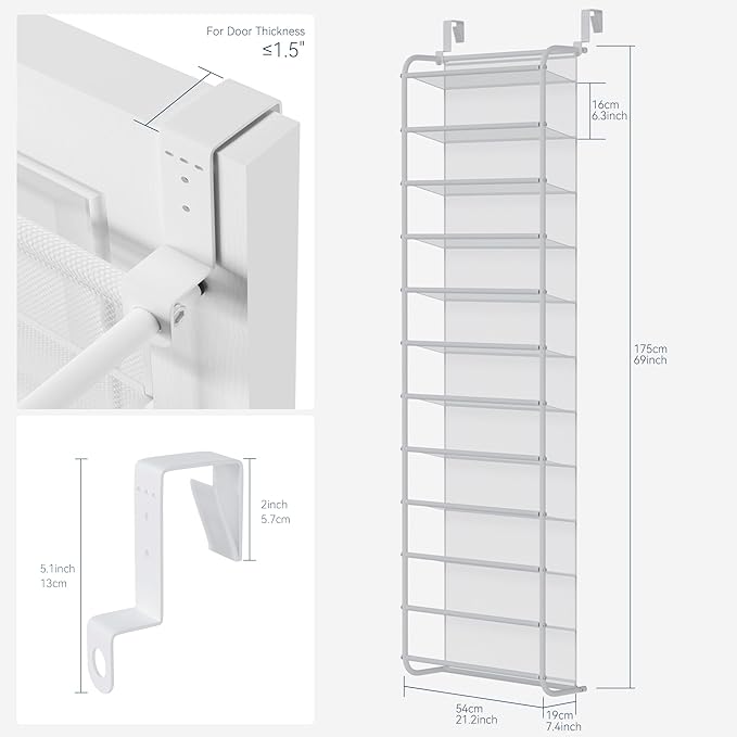 Whitmor 36 Pair Over The Door Shoe Organizer, 12 Tier Hanging Shoe Organizer, Heavy Duty Metal & Mesh Shoe Holder, Hanging Shoe Rack for Closet Organizer & Storage, 74"L x 21.7"W x 7.5"H, Matt White