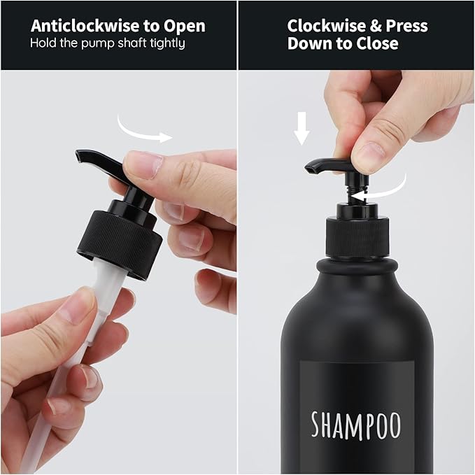 Segbeauty Matte Black Shampoo Dispenser, 2pcs 16.9oz Empty Refillable Pump Bottle with Labels, 500ml Plastic Press Lotion Dispenser Bathroom Shower Containers for Conditioner Hand Wash Gel Dish Soap