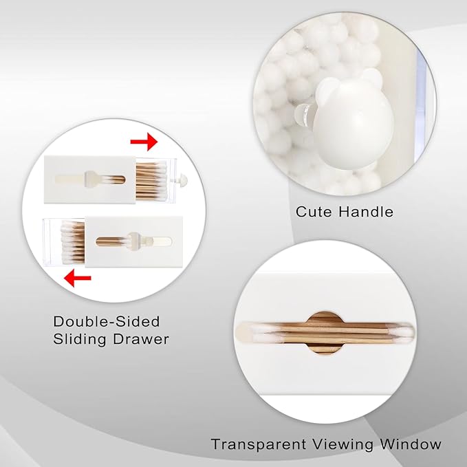 Qtip Holder Plastic Bathroom Dispenser Accessories Storage Canister Wall Mounted Apothecary Jar for Q-tip Cotton Swab Balls Pads Small Vanity Organizer with Double-sided Drawer