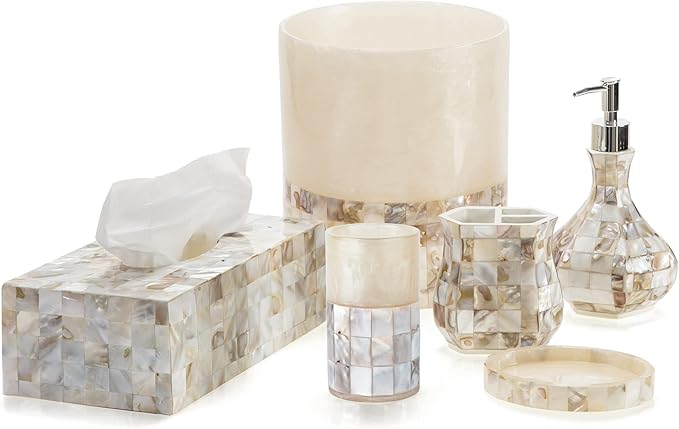 Creative Scents Milano Small Bathroom Trash Can 1.58 Gal / 6L - Decorative Bathroom Wastebasket with Beautiful Mother of Pearl Shells; Modern Round Waste Basket for Room, Bedroom or Living Room