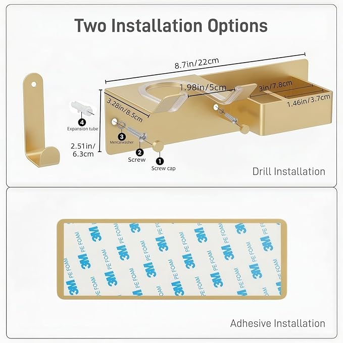 Hair Dryer and Straightener Holder, Upgraded Hair Straightener Holder with Cable Hook, Stainless Steel Universal Hairdryer Holder Wall Mounted Waterproof for Bathroom Space-Saving Gold PTALSEAW