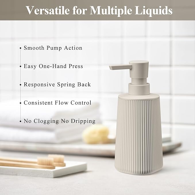 Beige 2 Pack Hand Soap Dispensers Set with No Rust Pump for Bathroom and Kitchen Countertops Refillable Matte Striped Plastic 8.5 oz