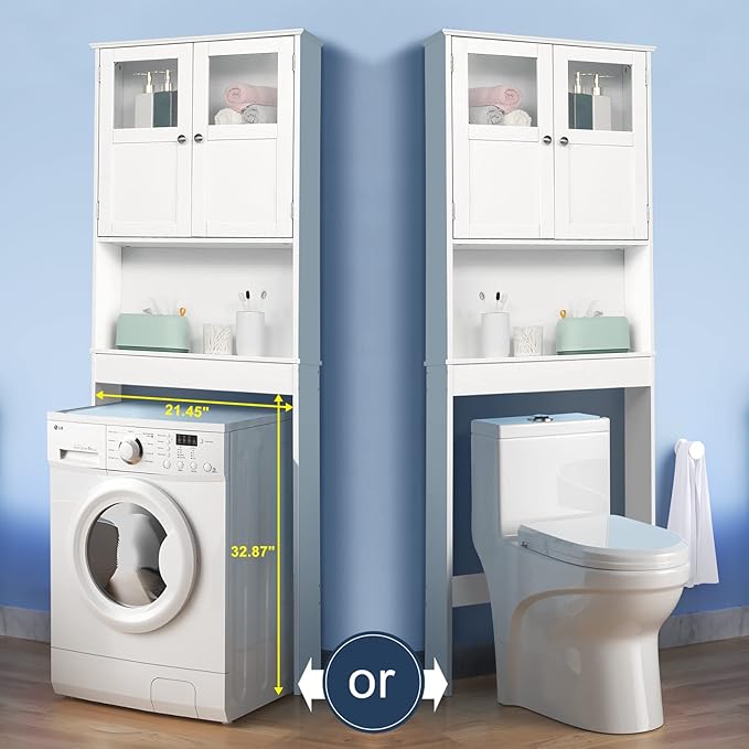 Bonnlo Over the Toilet Storage Cabinet with Adjustable Shelf White Bathroom Floor Organizer Space Saver with Double Doors, 67" Height