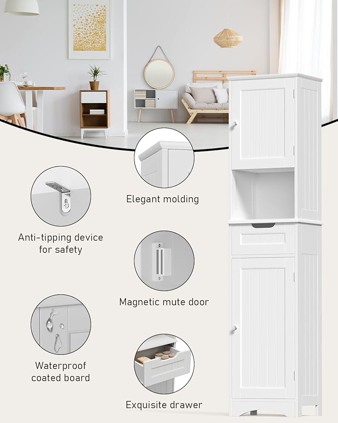 Gizoon 67" H Tall Bathroom Storage Cabinet, Narrow Storage Cabinet with 2 Doors & Drawer, Towel Cabinet with Freestanding Adjustable Shelves for Small Spaces, Kitchen, Living Room, Anti-Tipping, White