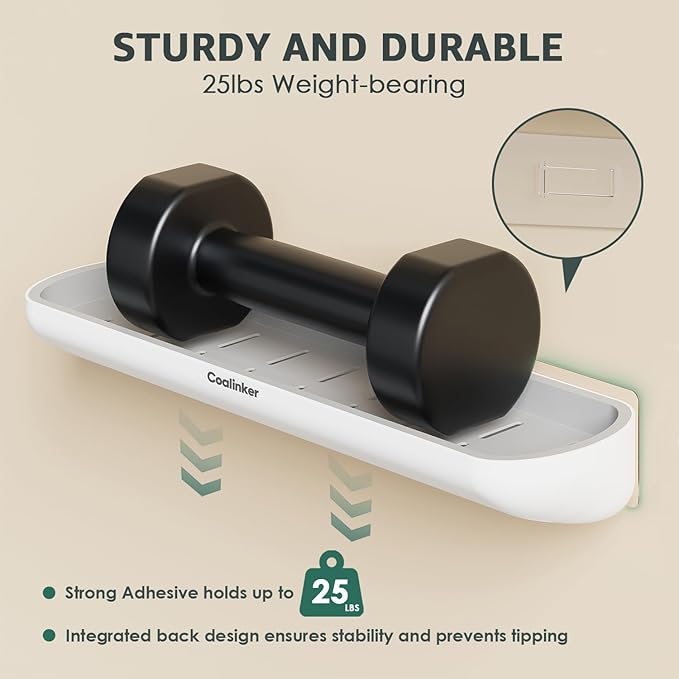 Shower Shelf with Towel Bar- Modern Bathroom Organizers Storage Self Adhesive Strong- Caddy Stick to Wall Mounted Rack- No Drilling Rustproof Plastic Acrylic White- Home Apartment