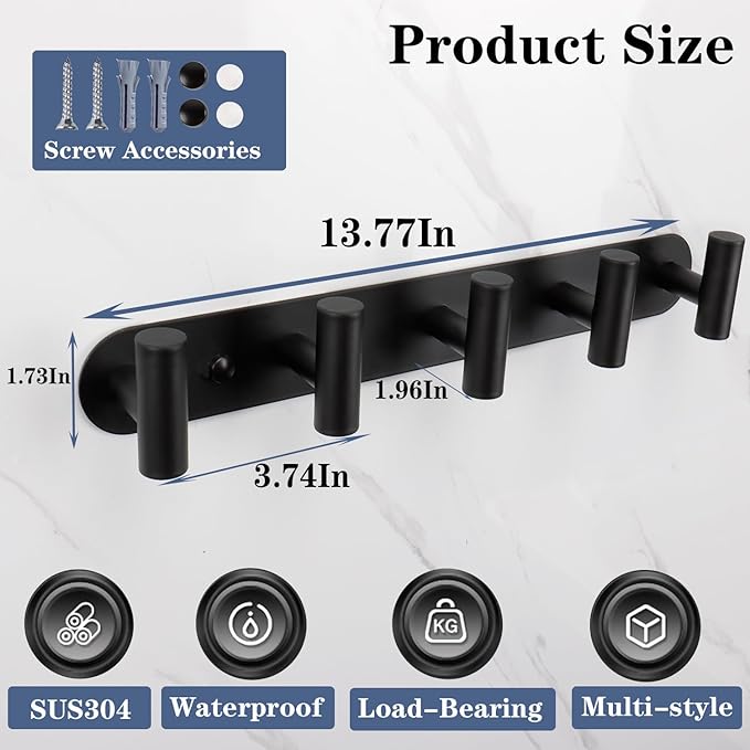 Coat Hook Rack, Wall Mounted Coat Rack with 5 Hooks, Heavy Duty Towel Hooks Rack Wall Hooks for Hanging Clothes Jacket, Stainless Steel Coat Hanger for Bathroom Entryway Mudroom(Matte Black)
