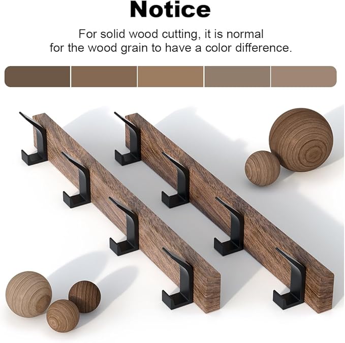17 Inch Black Walnut Wood Wall Mounted Coat Rack with 4 Black L Hooks, Adhesive Mounted Entryway Hooks, Modern Natural Wooden Pegs for Hanging Coat Clothes Hat Bag Purse Key and Towel