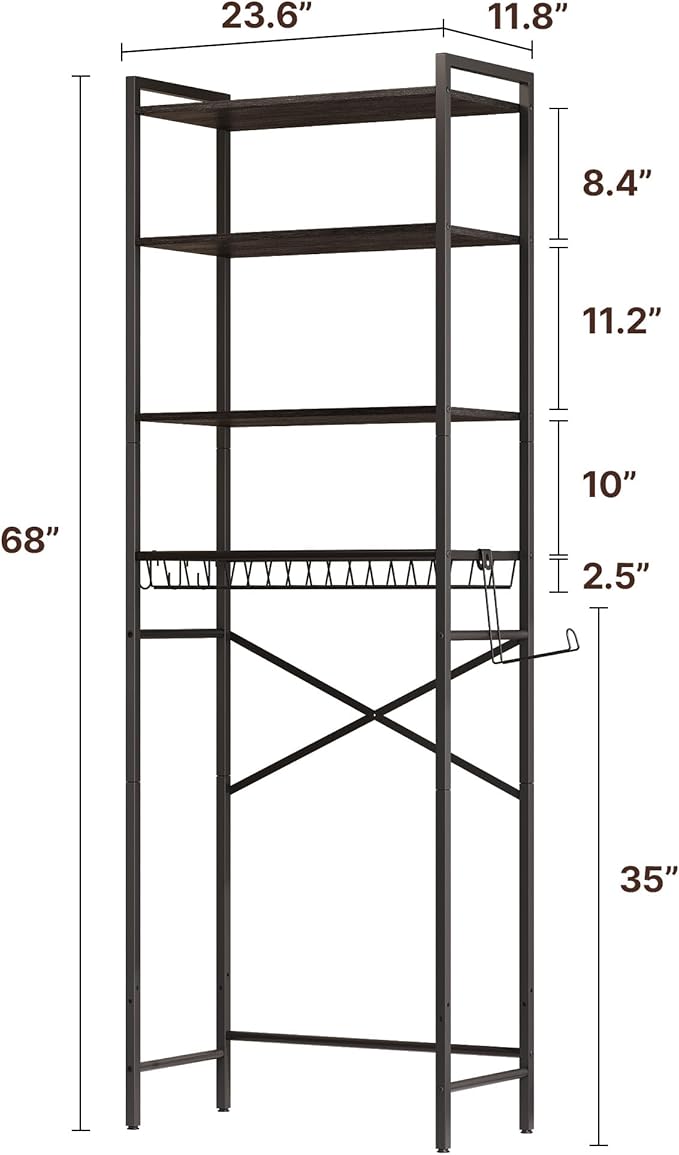 Gizoon Over-The-Toilet Storage Rack with Adjustable Shelf and Basket, 4-Tier Freestanding Space Saver Bathroom Shelves Above Toilet for Room