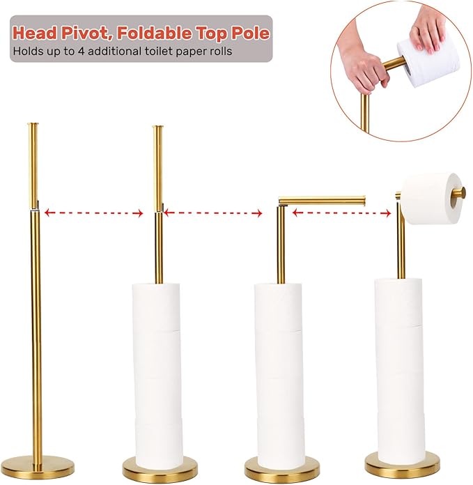 Toilet Paper Holder Gold, Freestanding Toilet Paper Holder Stand with Reserve for 4 Spare Rolls, Sturdy Base, Toilet Tissue Paper Roll Storage Shelf (Stainless Steel Base, Gold)