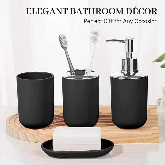Bathroom Accessory Set, 4 Pcs Plastic Bathroom Set Include Soap Dispenser, Soap Dish, Toothbrush Holder, Mousewash Cup, Modern Bahtroom Décor Set, Space Save for Bathroom(Black)