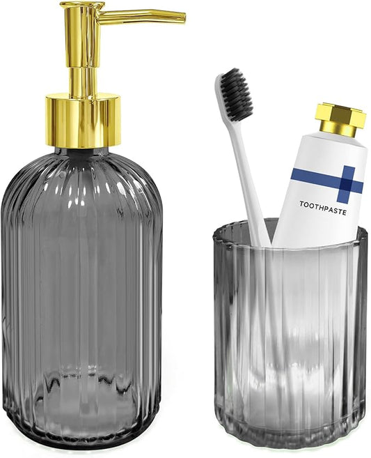 2 PCS Grey and Gold Glass Bathroom Accessory Sets, Grey Bathroom Set, Soap Dispenser and Toothbrush Holder Set for Modern Bathroom Decor