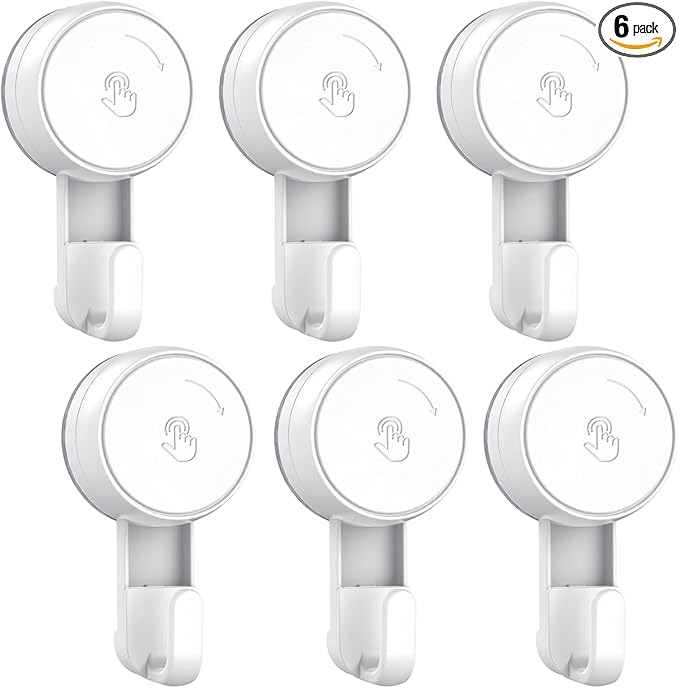 LUXEAR Heavy Duty Waterproof Shower Hooks 6 Pack - Suction Hook, No Drill Damage-Free Removable Reusable Wall Hooks for Bathroom Kitchen Towel Bathrobe Loofah Shower Hooks (Max Load 11LB/5KG)