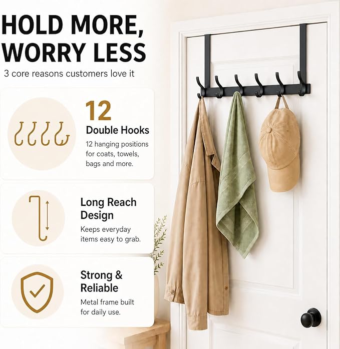 Peasulin 2 Pack Large Over The Door Hooks, Sturdy Door Hanger with 12 Hooks, Door Towel Rack for Bathroom, Bedroom, Kitchen, Coat Rack for Hanging, Easy to Install (Black)