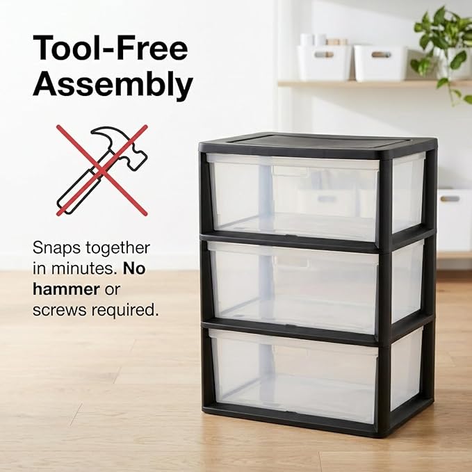 Wide 3 Drawer Plastic Storage Tower with Clear Removable Bins, 15.6" x 21" x 25.2" Organizer Unit with Drawer Stops and Easy-Pull Handles for Closet, Dorm, and Office Organization, Black
