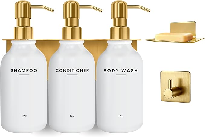 KOUCHU Shampoo and Conditioner Dispenser Set - Wall Mounted Shower Soap Dispenser - 17oz No-Drill Refillable Plastic Pump Bottles for Bathroom Kitchen - Includes Soap Dish and Hook (Gold)