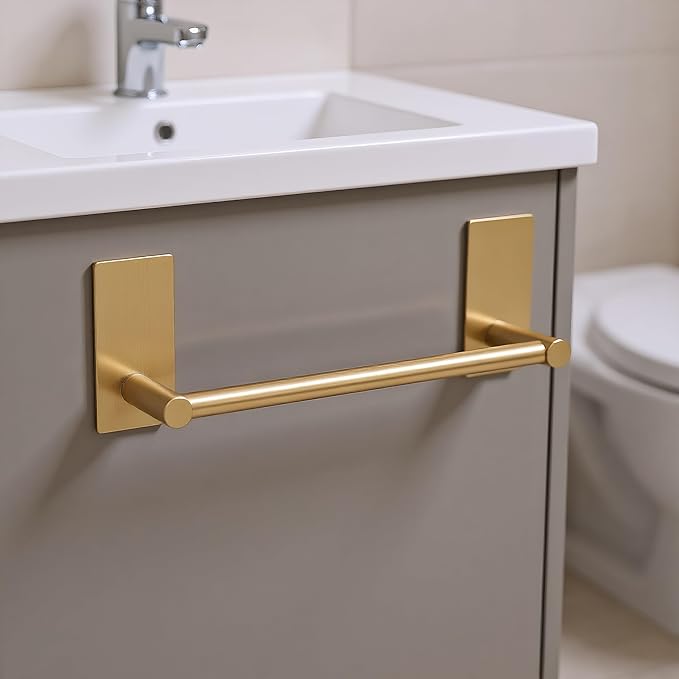Songtec Gold Towel Bar 9-Inch, Adhesive Bath Towel Rack No Drill, Strong Adhesion Tape Mount Towel Holder, Stainless Steel - Brushed Gold