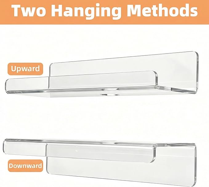 Acrylic Floating Shelves, Adhesive Wall Mount Command Shelves for Bathroom, Kitchen, Dorm - Renter-Friendly Easy Install Wall Shelves for Home Decor and Organization (Fully Clear-4 Pack)