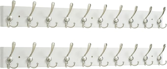 SKOLOO Creations White Solid Wood Wall Mounted Coat Rack, 10 Hooks, 38-1/8" Long - Kitchen, Mudroom, Entryway, Bathroom - Includes Mounting Hardware, Wall Coat Hanger, Towel Rack, Pack of 2