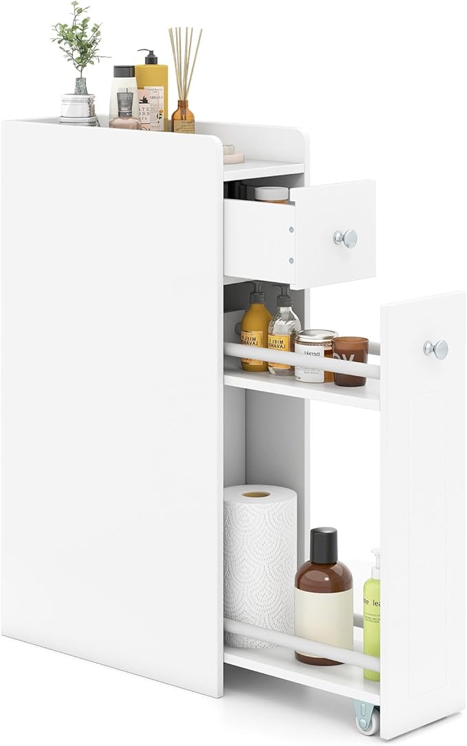 Giantex Slim Bathroom Storage Cabinet, Space-saving Toilet Side Cabinet with Slide-out Drawers on 3 Wheels, Freestanding Narrow Toilet Paper Holder for Living Room, Laundry Room, Compact Space (White)