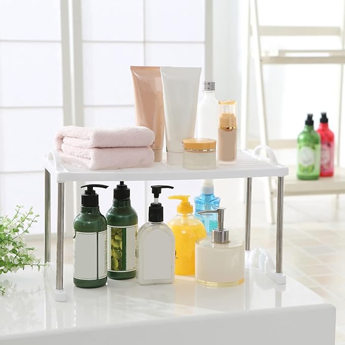 Storage Shelf Rack, Foldable Expandable Organizer Stand Holder for Kitchen Bathroom Cabinet Pantry Office Laundry Space Saving Storage Solution