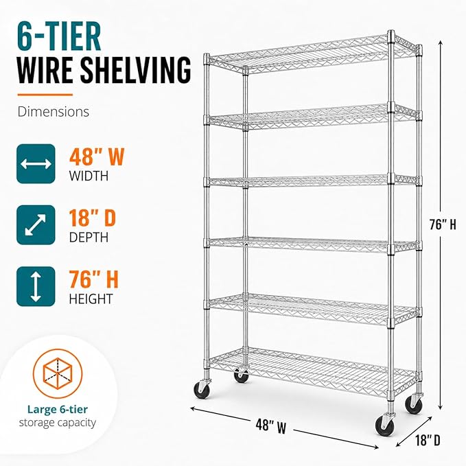 6-Tier Heavy Duty Wire Shelving Unit with Wheels or Leveling Feet, 6000 LBS Total Capacity, Adjustable Metal Storage Rack for Garage, Pantry, Kitchen, Basement, 48" W x 18" D x 76" H, Chrome