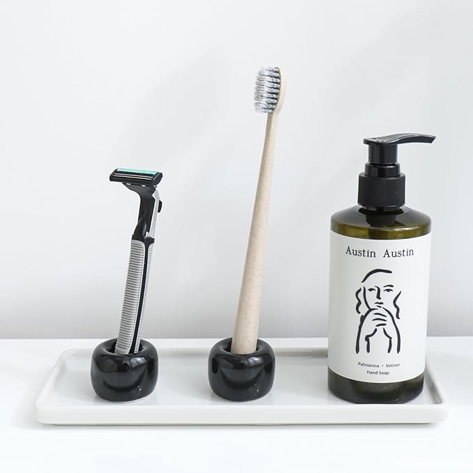 AirMoon Mini Ceramic Toothbrush Holder for Bathroom - Black Small Countertop Organizer, Easy Clean Toothbrush Stand, Suit for Electric Toothbrush Head, Pens & Coffee Spoon, Pack of 2