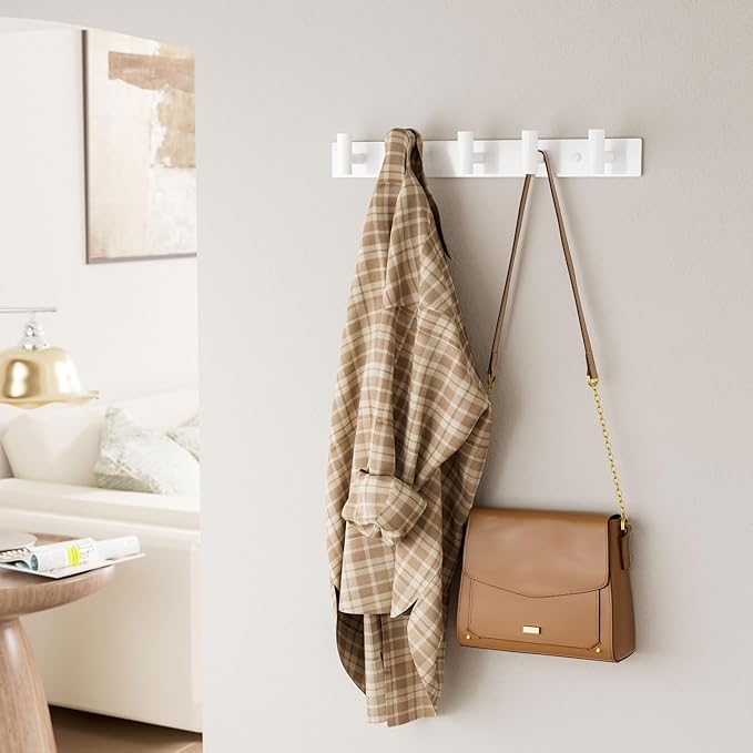 GWAAZXGZ White Wall Mounted Coat Rack – 5 T-Shaped Pegs for Hats, Bags & Towels, Heavy-Duty Metal Rail for Entryway, Bathroom, Closet, Bedroom (2 Pack)