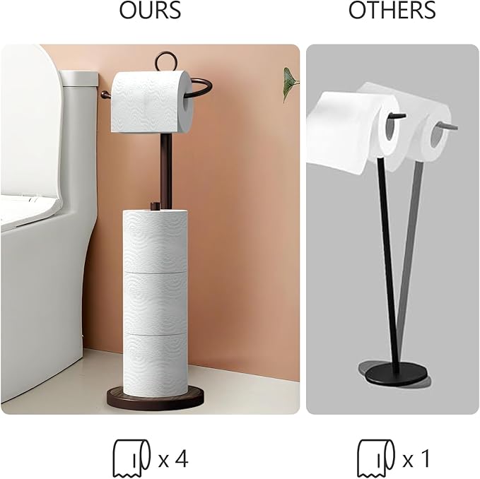 Toilet Paper Holder Free Standing with Storage 4 Rolls Stainless Steel Toilet Paper Holder Stand with Weighted Wood Grain Base Space-Saving Tissue Roll Holders for Bathroom Black & Bronze (Bronze)