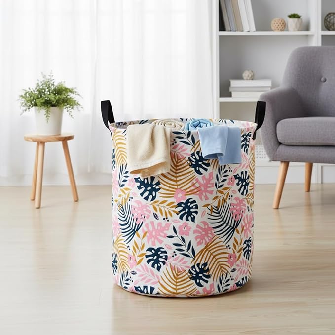 Round Pink Leaves Pattern Laundry Hamper Storage Basket Fabric Material Storage Hamper Organization Basket, Storage Bin, Gift Box with Handles for Room