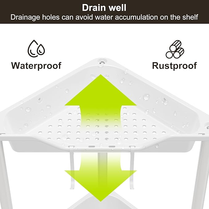 Orimade Rustproof 5 Tier Floor Standing Corner Shower Caddy Organizer, Plastic Metal Splicing Floor Corner Shelf Rack Stands for Bathroom, White