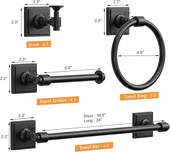 Matte Black Bathroom Towel Bar Set, 5 Piece Bathroom Hardware Accessory Set, SUS304 Stainless Steel 24" Towel Rack Holder Set for Bathroom, Wall Mounted