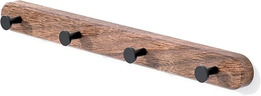 16 Inch Walnut Wood Wall Mounted Coat Rack with 4 Matte Black Round Hooks Adhesive Mounted Entryway Hooks Modern Natural Wooden Pegs for Hanging Coat Clothes Hat Bag Purse Key and Towel