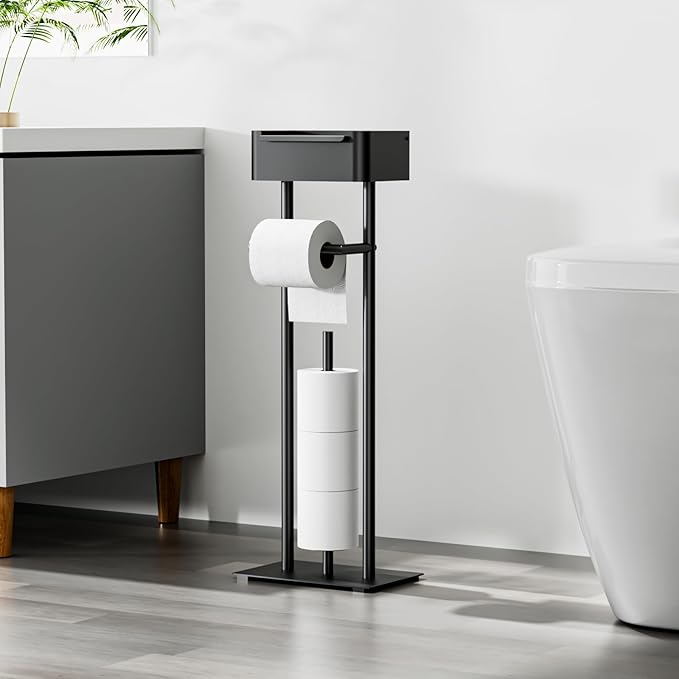 Toilet Paper Holder Free Standing - Toilet Paper Stand with Shelf - Storage for 4 Rolls- Bathroom Organizers, No Drill, for Large Toilet Rolls, 29.7 inch*12.6 inch (Matte Black)
