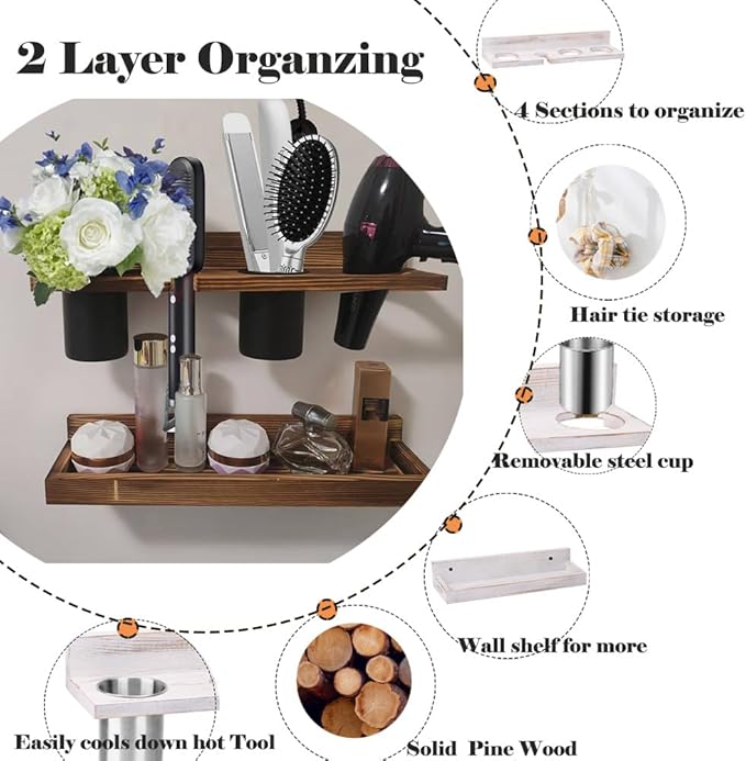 Wall-Mounted Hair Tool Organizer with Heat Resistance - Set of 2 Layer Rustic Blow Dryer Holder (Dark Brown)